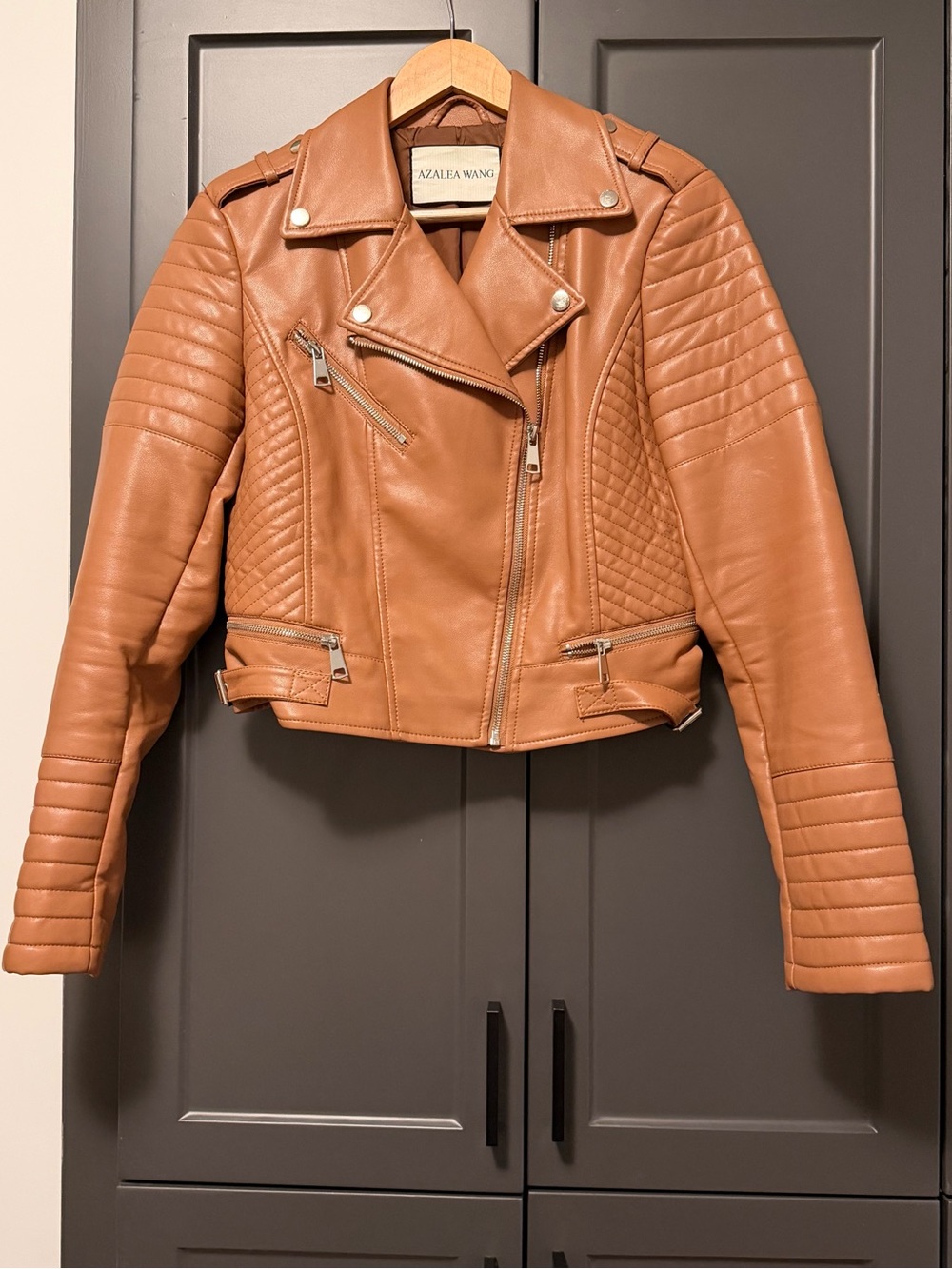 Azalea Wang Women’s Cognac Leather Moto Jacket L